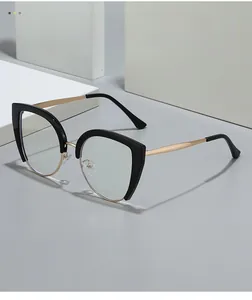 Detailed view of cat-eye semi-rimless frames in black and gold on a minimalist background