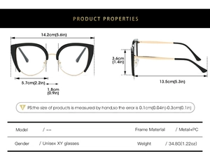Cat eye glasses size chart showing 14.2cm width and 34.8g weight for Metal+PC frames