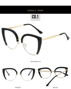 Detailed views of cat-eye half-rim glasses with black upper frame and gold metal temples