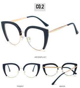 Detailed multi-angle view of cat-eye half-frame glasses with black and gold metal accents