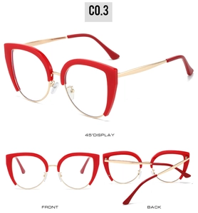 Detailed views of red cat-eye semi-rimless frames with gold metal temples from various angles