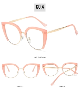 Detailed views of pink cat-eye semi-rimless glasses from front, back and 45-degree angles