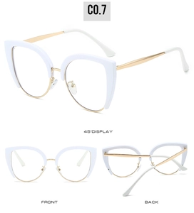 Three-way view of cat-eye half-rim frames with white finish and golden metal detail