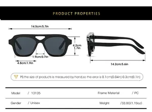 Detailed size chart for unisex double bridge aviator sunglasses with PC frame measurements
