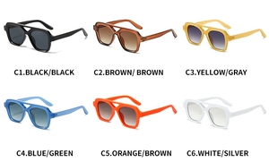 Detailed grid view of stylish aviator sunglasses in six vibrant color variations