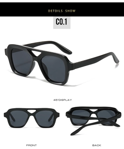 Detailed views of black double-bridge aviator sunglasses showing front and back angles