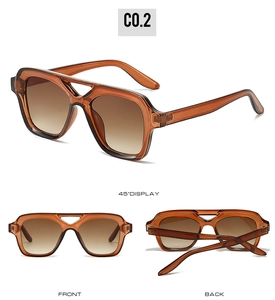 Three views of amber aviator sunglasses with double bridge design and gradient brown lenses