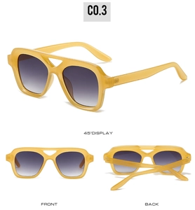 Detailed multi-angle views of honey yellow aviator sunglasses with purple gradient lenses