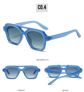 Detailed multi-angle views of blue gradient aviator sunglasses with a double-bridge frame