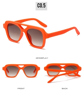Three-view detail of orange double-bridge aviator sunglasses with brown gradient lenses