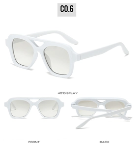 Detailed multi-angle views of white double-bridge aviator sunglasses with gray lenses