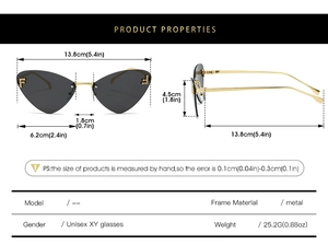 Detailed size guide for cat-eye sunglasses with gold F logo and metal temples