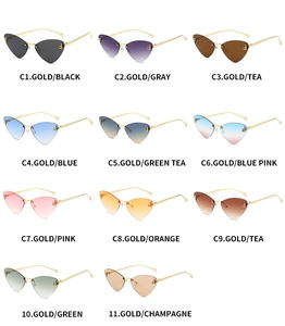 Detailed close-up of rimless cat-eye sunglasses lens options with F-logo metal decor