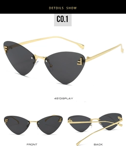 Detailed views of rimless cat-eye sunglasses with rhinestone F logo and gold metal temples