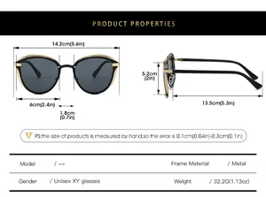 Detailed size chart for stylish metal sunglasses with frame dimensions and specifications