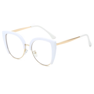 Stylish cat-eye half-frame glasses with white and gold metal frame on white background