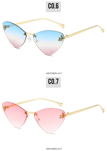 Detailed 45-degree view of rimless cat-eye sunglasses with diamond F logo and gradient lenses