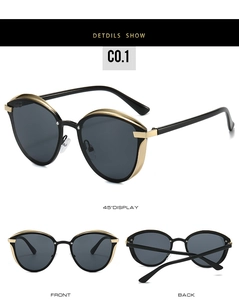 Three-view display of women's cat-eye sunglasses with black frames and gold metal trim