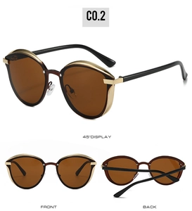 Detailed multi-angle views of brown lens sunglasses with gold metal trim and black temples