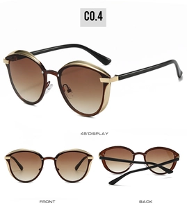 Three-angle view of cat-eye sunglasses with golden metal frame and brown gradient lenses
