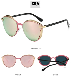 Three-view display of cat eye sunglasses with pink frames and gold metal accents
