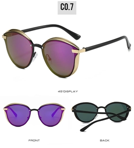 Three views of cat-eye sunglasses with purple lenses and gold metal frames
