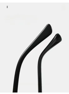 Detail view of glossy black curved temples for fashion sunglasses with ergonomic design