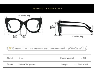 Tableau des tailles détaillé pour monture de lunettes œil-de-chat avec dimensions