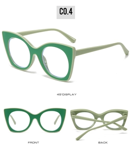 Affichage trois vues des lunettes œil de chat surdimensionnées avec design bicolore vert