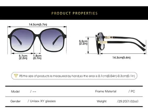 Detailed size chart for square sunglasses with PC frame measurements and dimensions