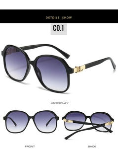 Detailed views of square gradient sunglasses with gold geometric temple accents