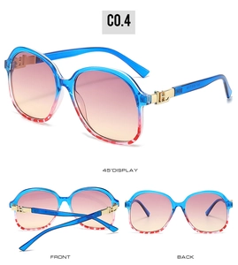 Three-angle view of gradient square sunglasses with blue striped frames and gold H hinges