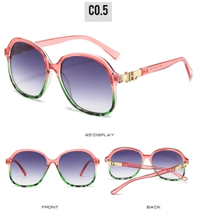 Detailed three-way views of square gradient sunglasses with pink and green frame