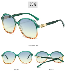 Three-way view of square gradient sunglasses with gold H-shaped temple accents