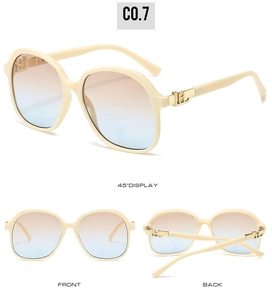 Three-way view of square sunglasses with cream frame, gradient lenses and gold hinge detail