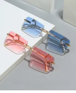 Detail of rimless rectangle sunglasses showing pink and blue gradient lenses and C-decor hinge