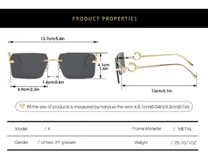 Detailed sizing chart for rimless metal sunglasses featuring dimensions and product weight