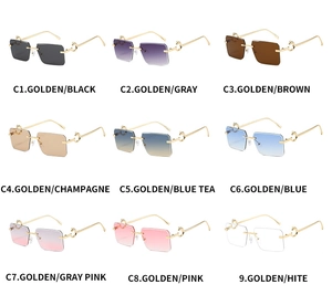 Detail of rimless sunglasses with gold cheetah C-hinge and nine gradient lens colors