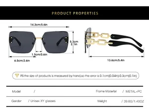 Detailed size chart for rimless vintage sunglasses showing frame dimensions and materials