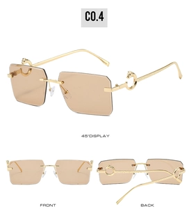 Detailed views of rimless sunglasses featuring golden cheetah head metal hinges and brown lenses