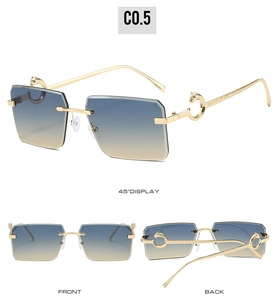 Detailed views of rimless sunglasses with gold leopard head hinges and gradient lenses