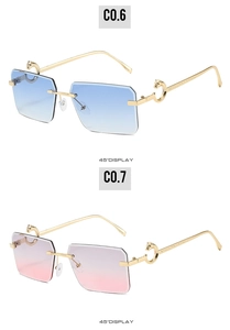 Detail of rimless sunglasses with leopard head metal hinge and gradient lenses