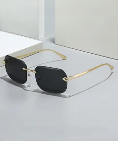 Détail de lunettes de soleil carrées sans monture avec relief tête de léopard doré sur la branche