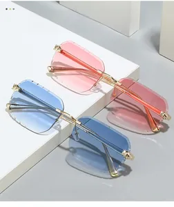Détail de lunettes de soleil sans monture dégradées avec charnières tête de léopard