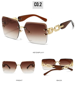 Detailed views of rimless sunglasses with brown gradient lenses and gold chain temples