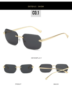 Vue sous trois angles de lunettes de soleil carrées sans monture dorées avec verres gris