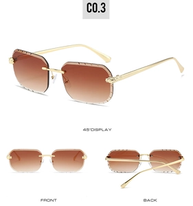 Détails de lunettes de soleil sans monture avec charnière léopard dorée et verres dégradés