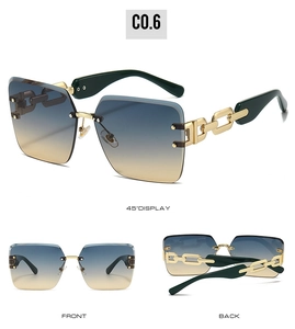 Three-view display of rimless gradient blue-yellow sunglasses with gold chain detail