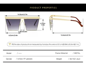 Size chart with detailed measurements for square punk metal sunglasses total width 145mm