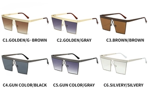 Matrix display of square punk sunglasses in six metal finishes and gradient lenses